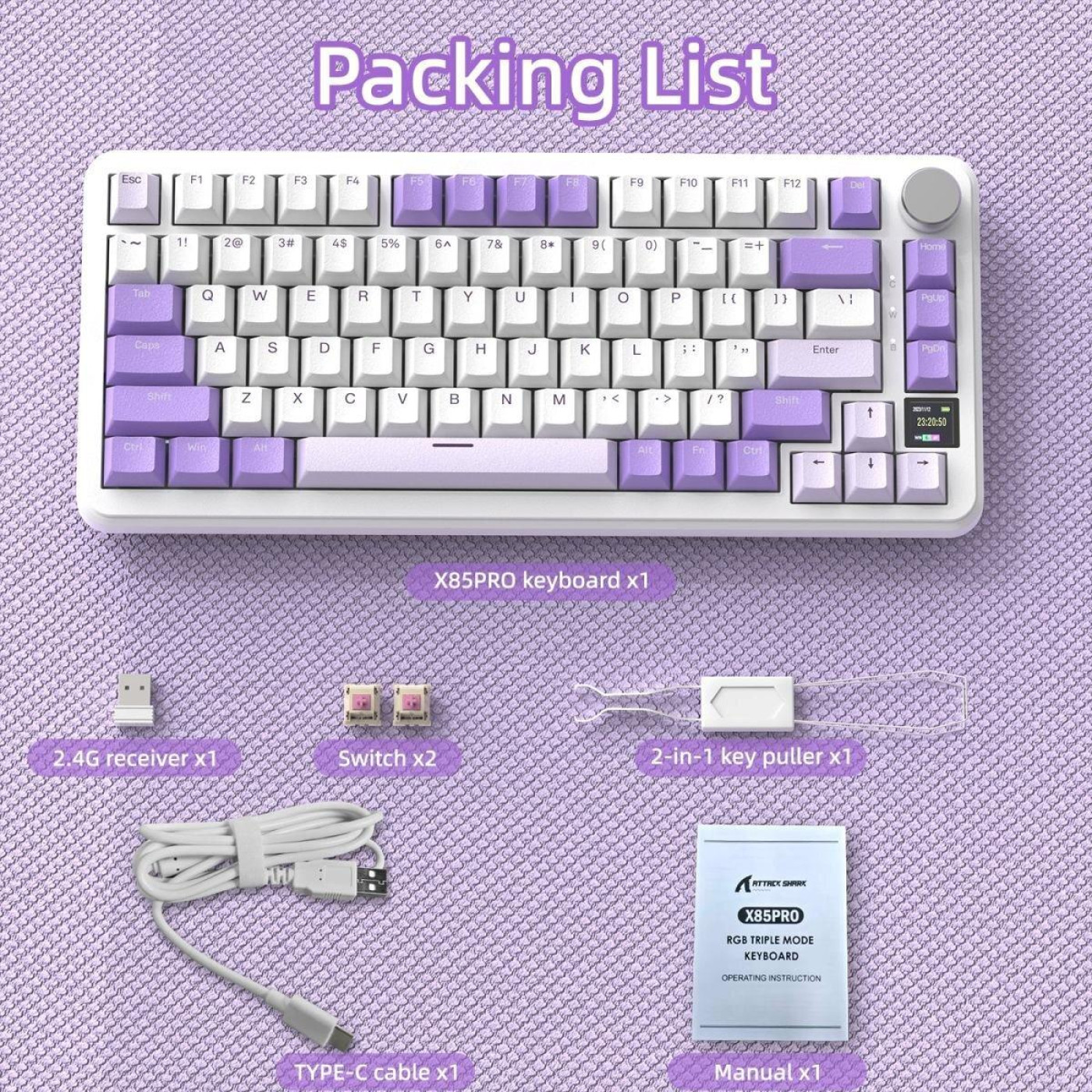 Клавіатура Attack Shark X85 Pro RGB Linear Blueberry Switches Wireless (AS-6972792471105-L) Lavender (G-000004028)