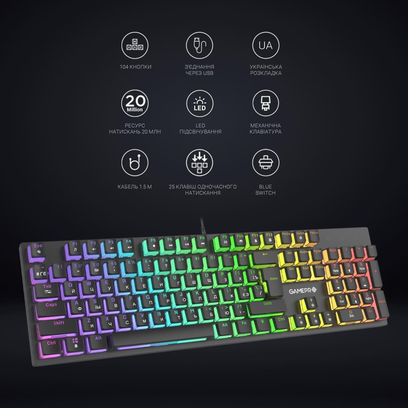 Клавиатура GamePro MK85B Blue Switch RGB USB Black (MK85B)