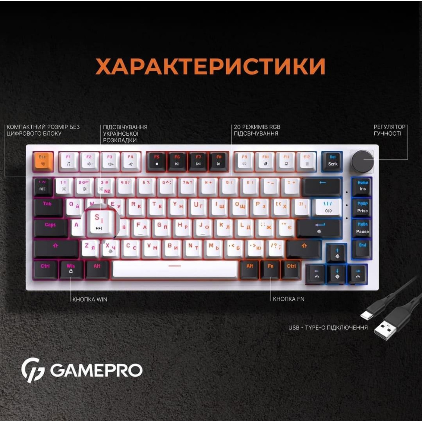 Клавиатура GamePro MK160W Outemu Red Hot-Swap RGB USB White (MK160W)