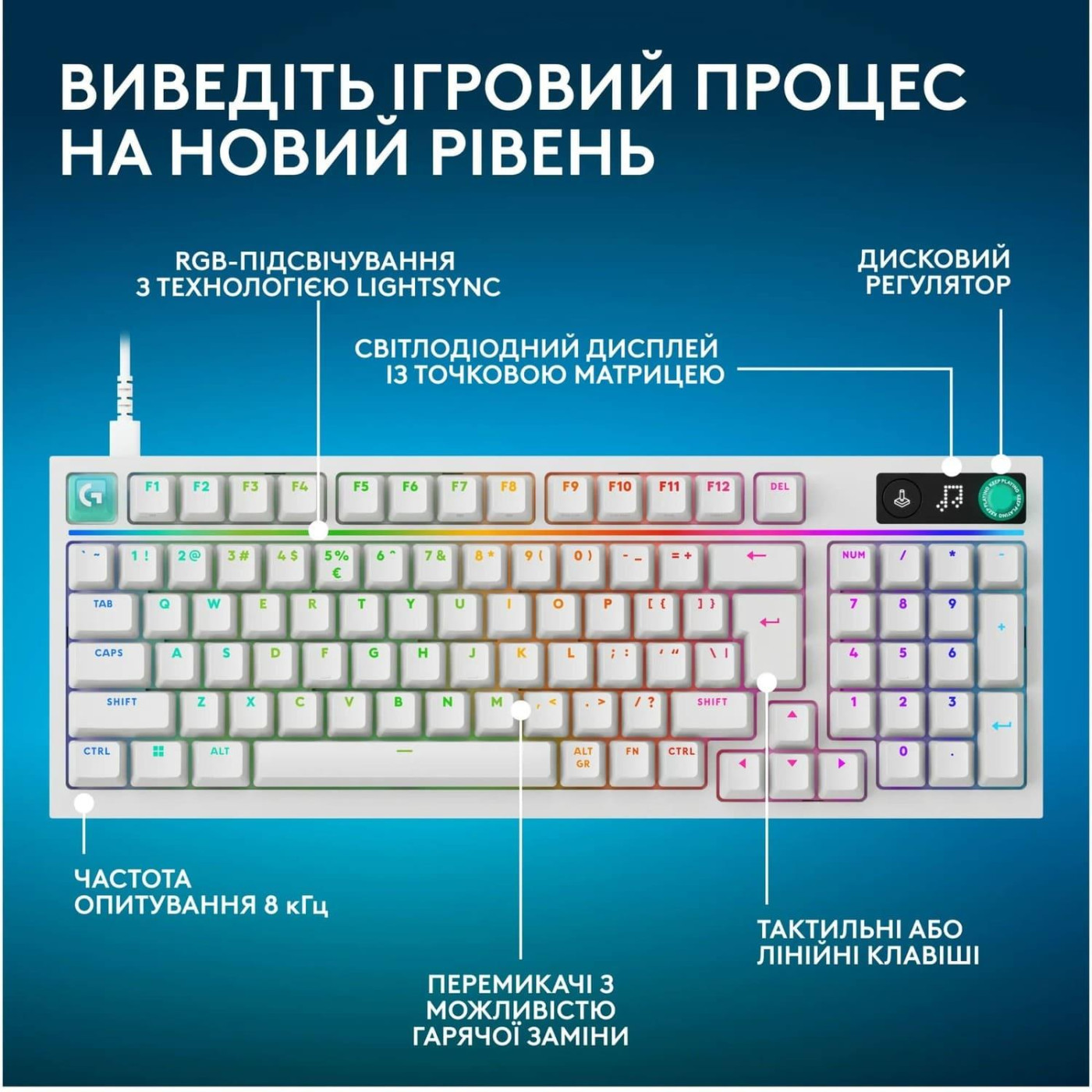 Клавіатура Logitech G316 X 98 Tactile Wired Gaming Keyboard UKR White (920-014231)