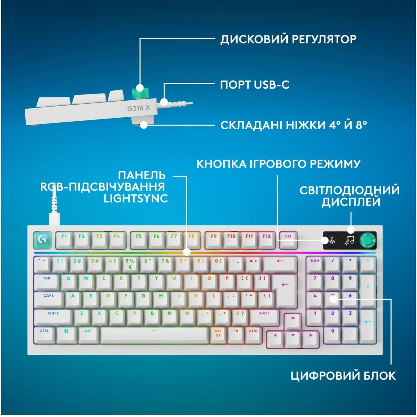 Клавіатура Logitech G316 X 98 Tactile Wired Gaming Keyboard UKR White (920-014231)