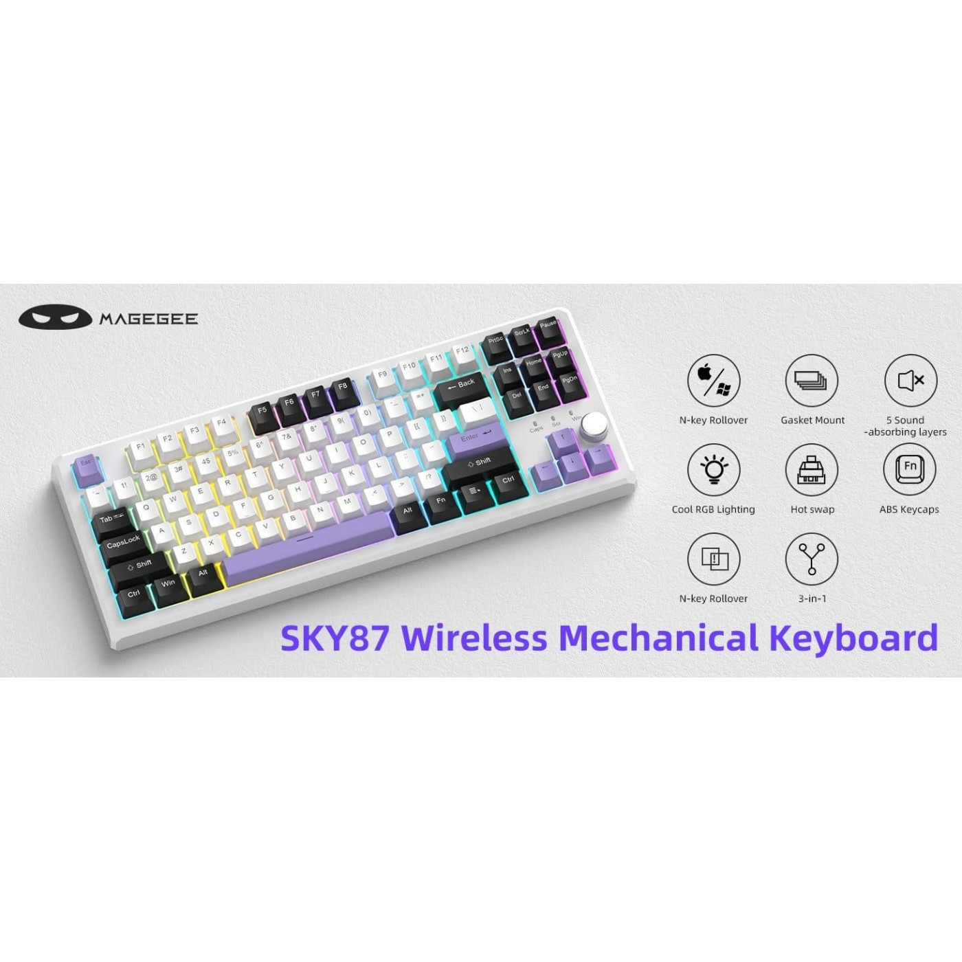 Клавиатура MageGee SKY 87 RGB Ivory White Switch Wireless (6971969728486-UA) Ice Purple (G-000003959)