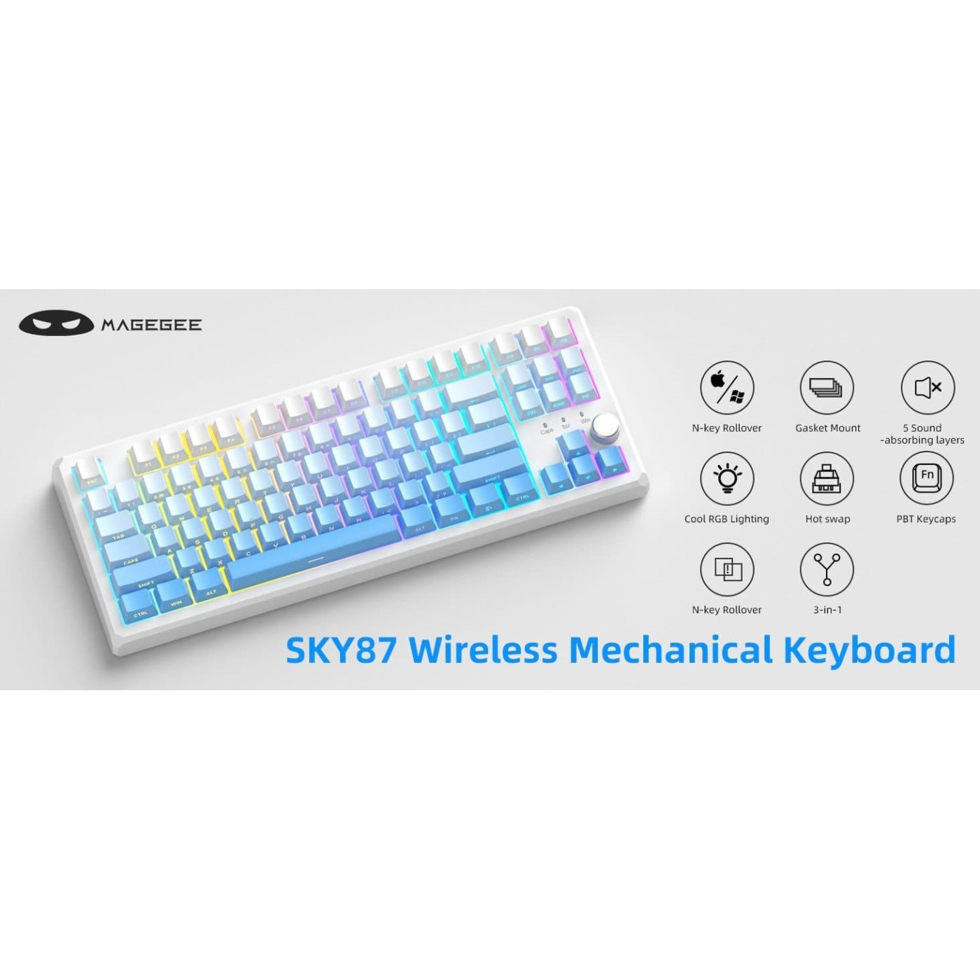 Клавиатура MageGee SKY 87 RGB Blue Whale Switch Wireless (6971969728509) White/Blue Gradient (G-000003958)