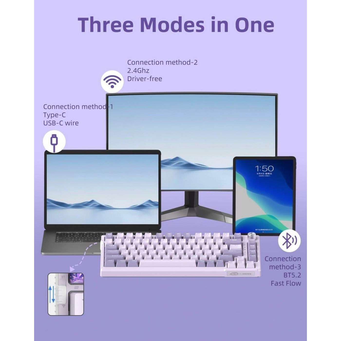 Клавиатура MageGee SKY 81 RGB Violet Switch Wireless (6971969728165-UA) Violet (G-000003956)