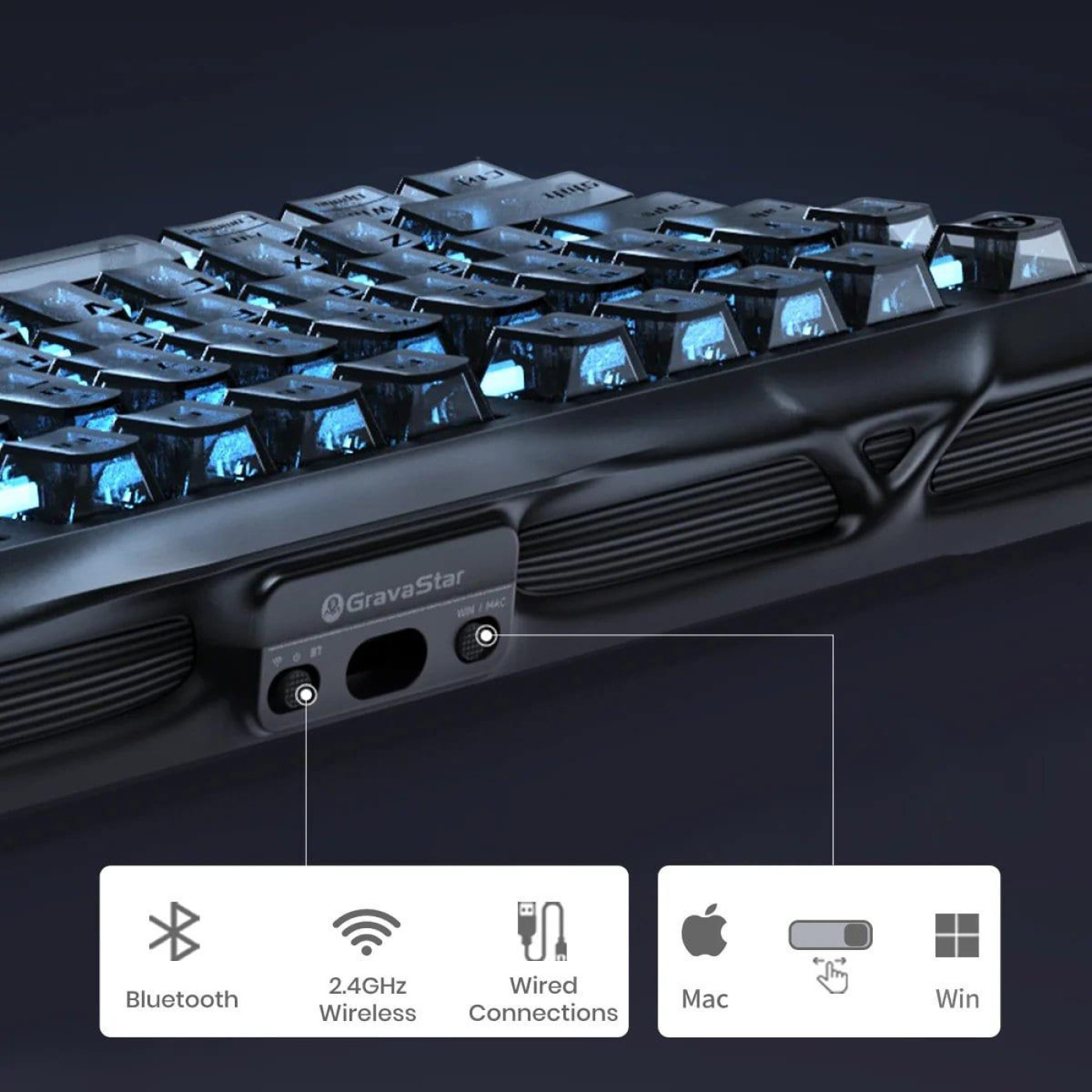 Клавіатура GravaStar Mercury K1 80keys Kailh Cheery Pink EN BT/WL/USB Stealth Black (GSK1_XTAL_BLK)