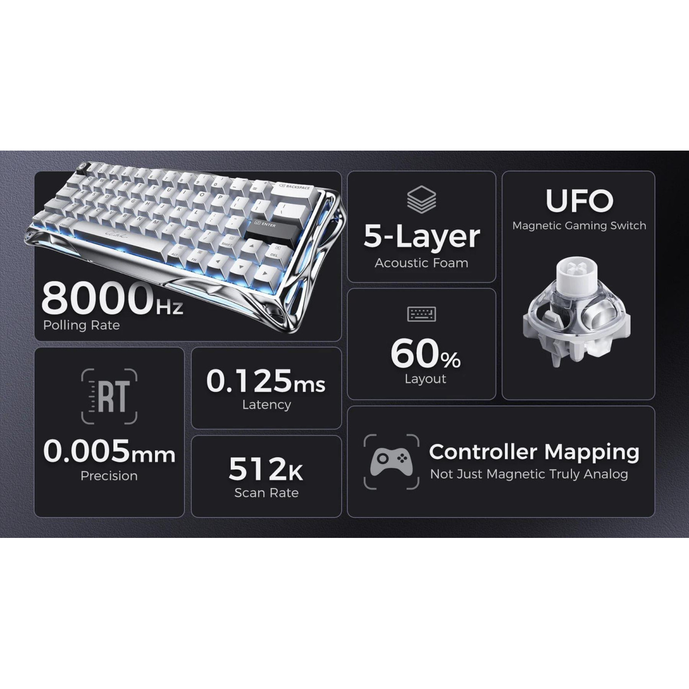 Клавіатура GravaStar Mercury V60 Pro 60keys Blackcore 8K USB-A RGB Chrome Silver (GSV60PRO_XTAL_SLV)