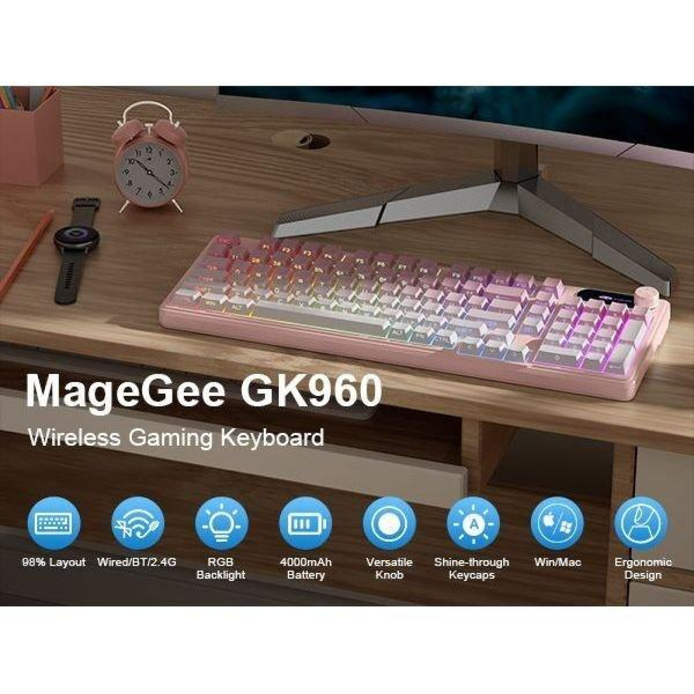Клавіатура MageGee GK960 RGB Wireless (6971969729032) Pink/White (G-000004398)