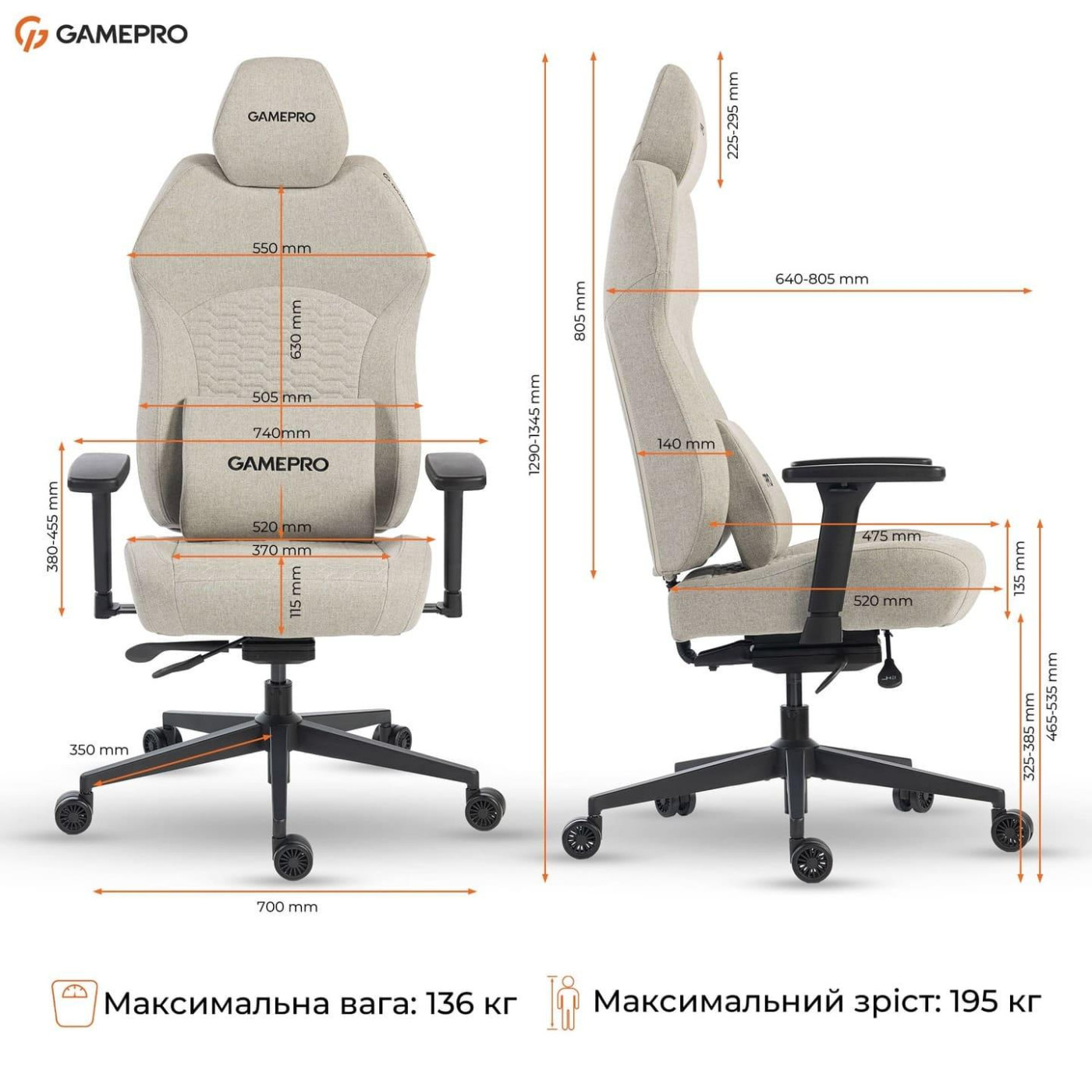 Игровое кресло GamePro GC760LG Fabric Light Gray (GC760LG)