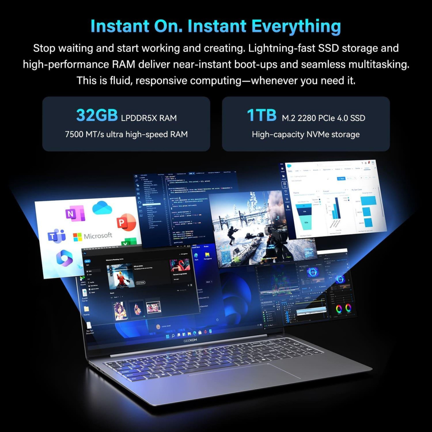 Ноутбук GEEKOM 16 X16 Pro 2.5K IPS 120Hz/Intel U5-125H/32GB/1TB/UMA/W11P (GEEKBOONX16AMOU5125U-321-US)