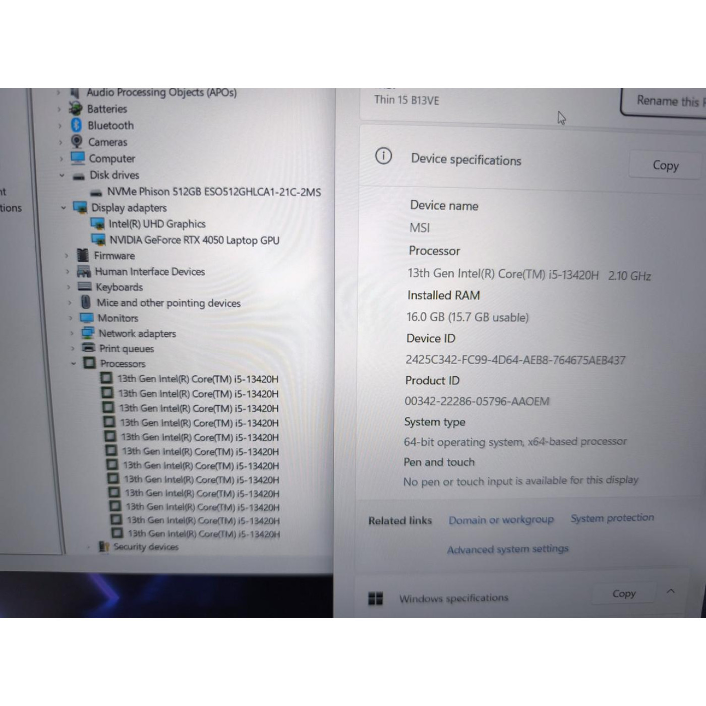 Ноутбук MSI 15 Thin 15 1920x1080 IPS 144Hz/Intel i5-13420H/16GB/512SSD/RTX 4050 6GB/DOS (B13VE-1451US)