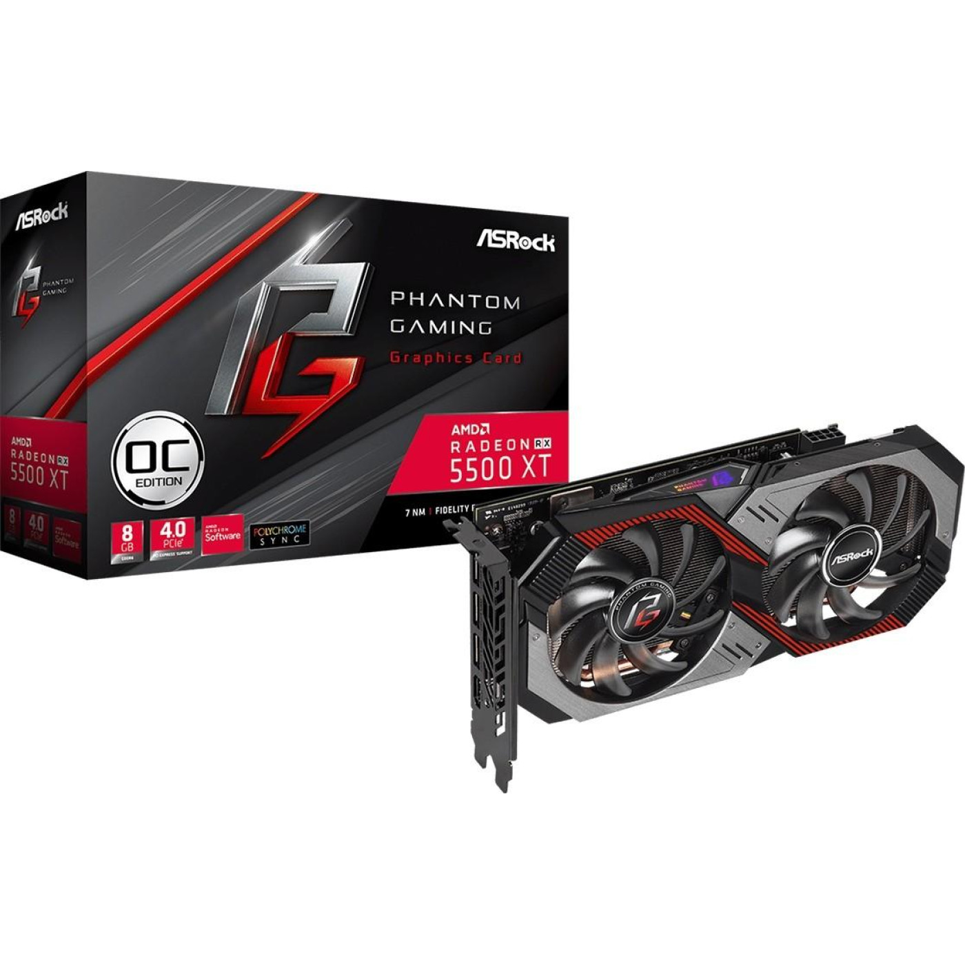 Відеокарта AsRock AMD Radeon RX 5500 XT 8Gb Phantom Gaming D OC (RX5500XT PGD 8GO) (GDDR6, 128 bit, PCI-E v4.0 x8) Б/в