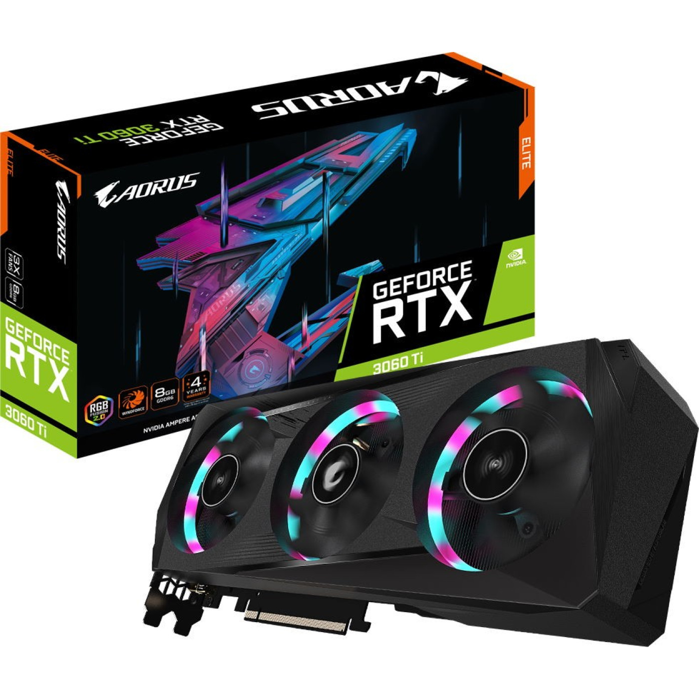 Відеокарта Gigabyte RTX 3060Ti 8GB Aorus Elite LHR (GV-N306TAORUS E-8GD rev.2.0) (GDDR6, 256 bit, PCI-E v4.0 x16) Б/в