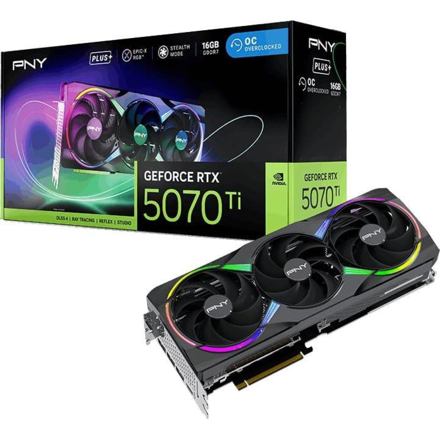 Видеокарта PNY RTX 5070 Ti 16GB EPIC-X RGB Overclocked Triple Fan Plus (VCG5071T16TFXXPB1-O) (GDDR7, 256 bit, PCI-E v5.0 x16)