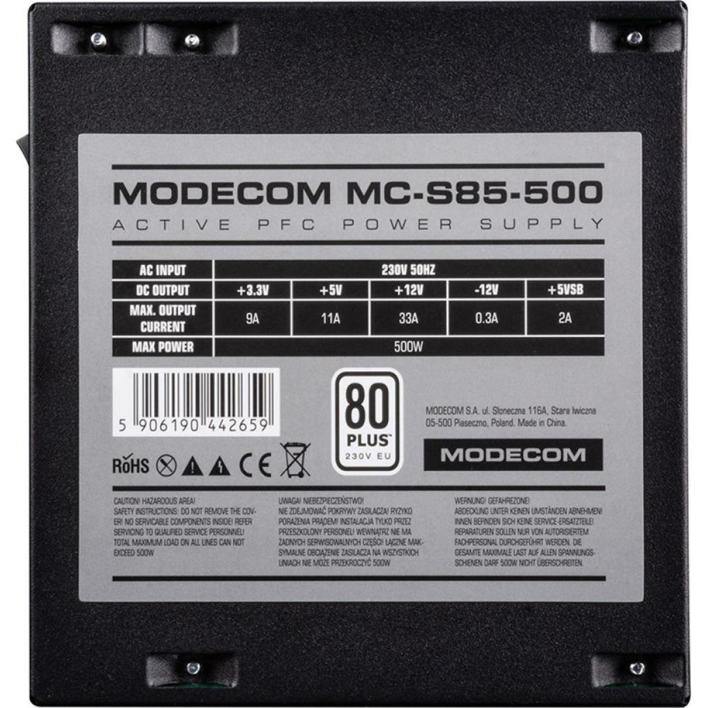 Блок питания Modecom MC-S85-500 Bulk 80+ (ZAS-MC85-CL-500-ATX-APFC) Black