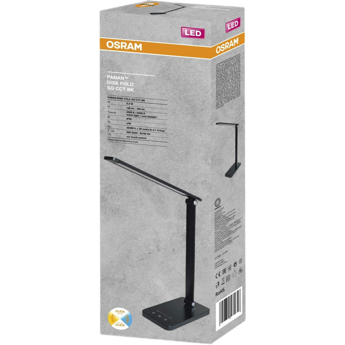 Настільна лампа OSRAM Panan DISK FOLD SQ 6.5W 3000К 4000К 6500К з димером Чорний (4099854363887)