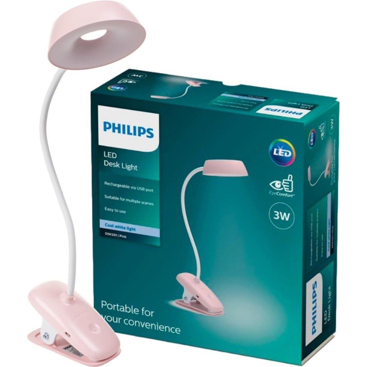 Настольная лампа Philips Donutclip 3Вт 4000K 1200мАг USB-A рожевий (929003179607)