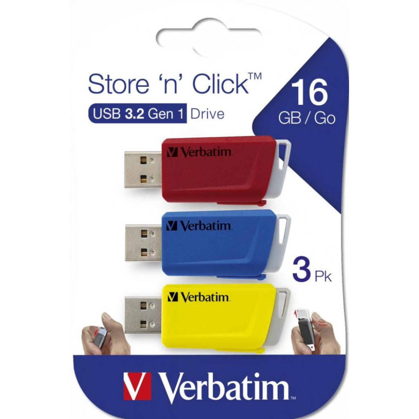 Флеш-накопичувач Verbatim USB флеш накопичувач 3x16GB Store 'n' Click Red/Blue/Yellow USB 3.2 (49306)