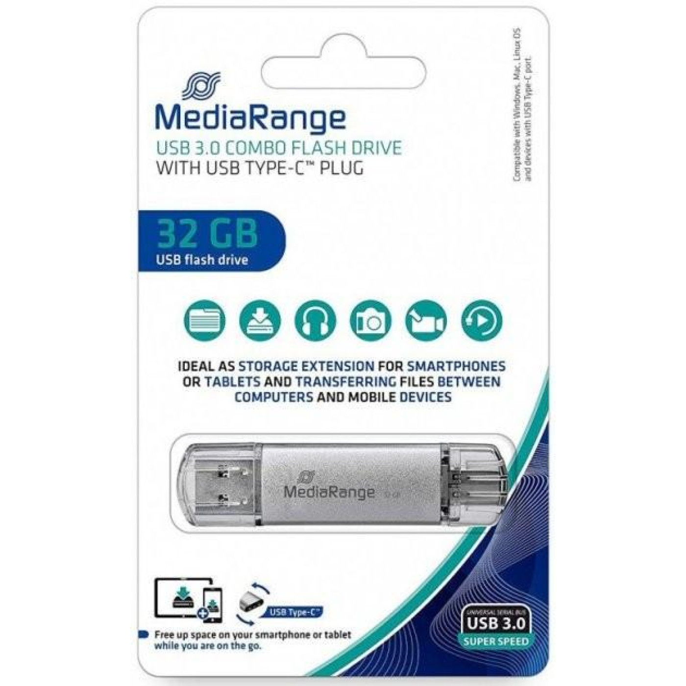 Флеш-накопитель MediaRange USB 3.0 combo flash drive, with USB Type-C plug, 32GB (MR936)