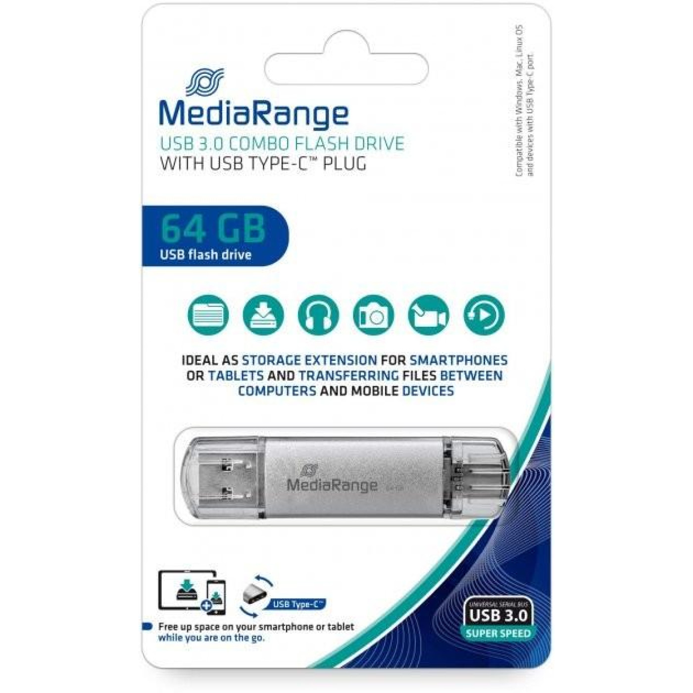 Флеш-накопитель MediaRange USB 3.0 combo flash drive, with USB Type-C plug, 64GB (MR937)