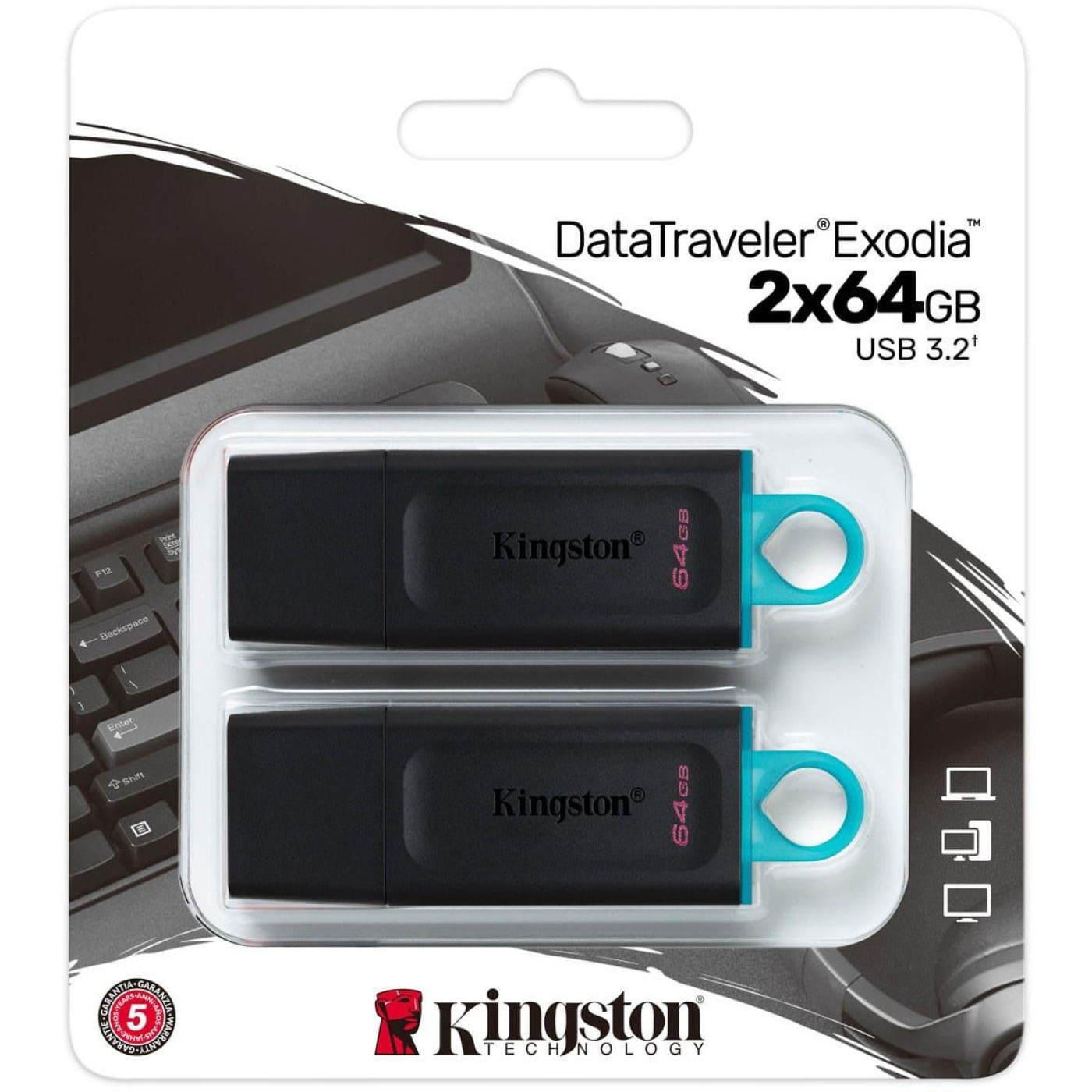 Флеш-накопитель Kingston USB3.2 Gen 1 DataTraveler Exodia (Bla ck+Blue) - 2 Pack DTX/64GB-2P (DTX/64GB-2P)