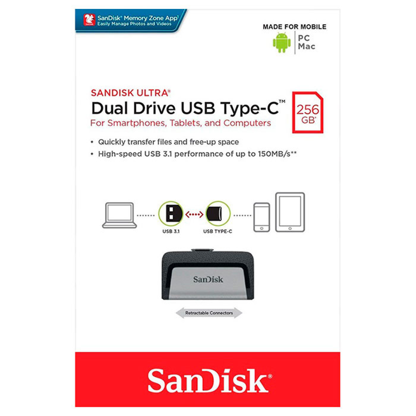 Флеш-накопитель Sandisk USB 3.1 Ultra Dual Type-C 256Gb (150 Mb/s) (SDDDC2-256G-G46)
