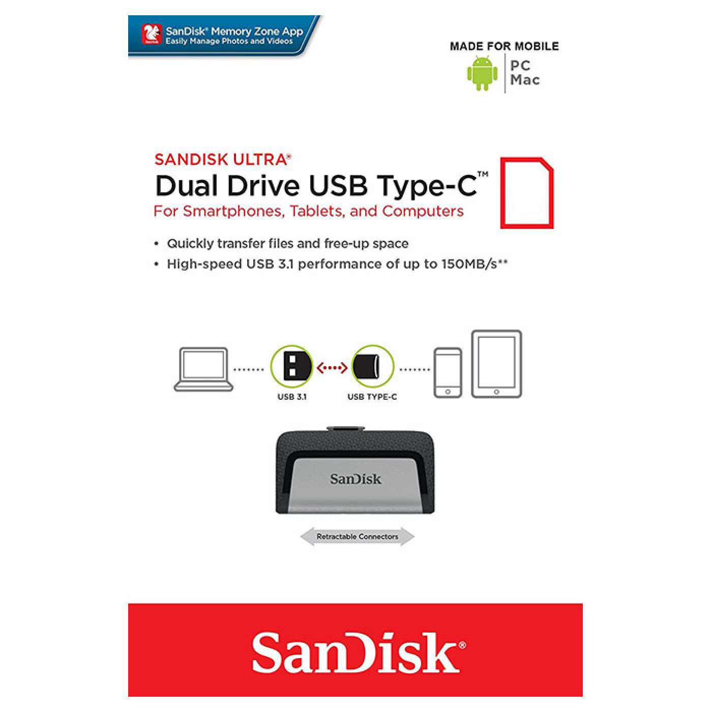 Флеш-накопитель Sandisk USB 3.1 Ultra Dual Type-C 64Gb (150 Mb/s) (SDDDC2-064G-G46)