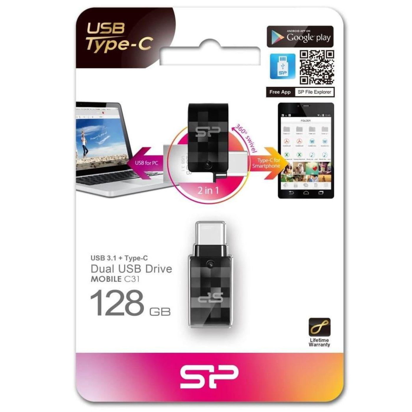 Флеш-накопичувач Silicon Power USB 128G usb3.1+TypeC Swivel C31 (SP128GBUC3C31V1K)