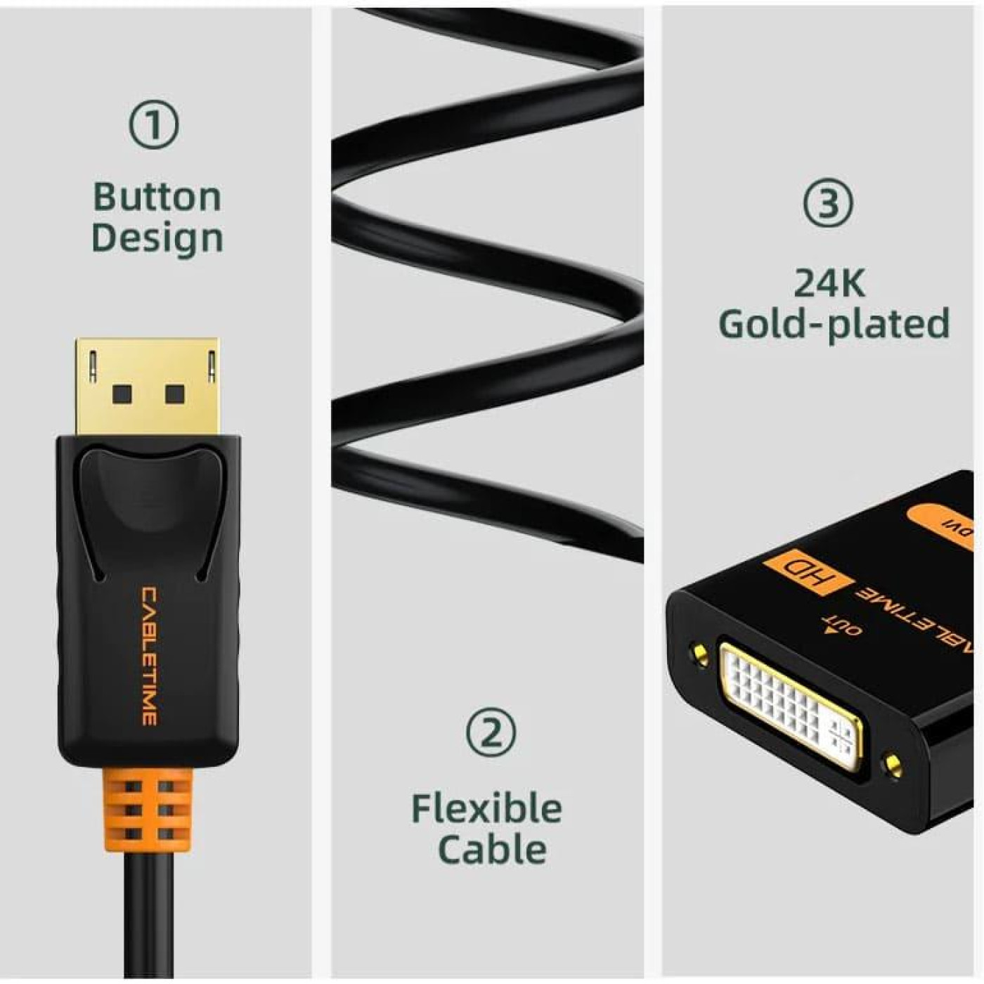 Адаптер Сabletime DisplayPort - DVI (M/F), 0.2 м, Black (CP24B)