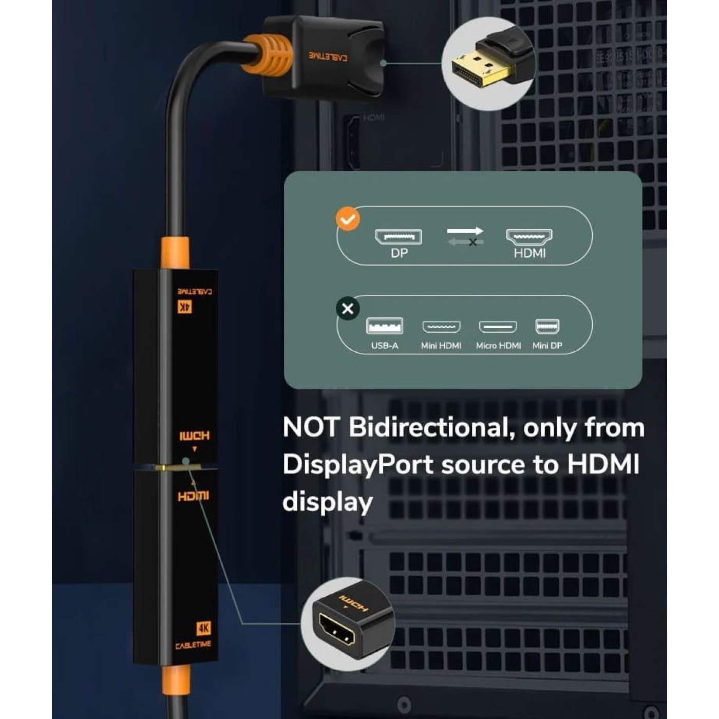 Адаптер Сabletime DisplayPort - HDMI (M/F), 0.2 м, Black (CP21B)