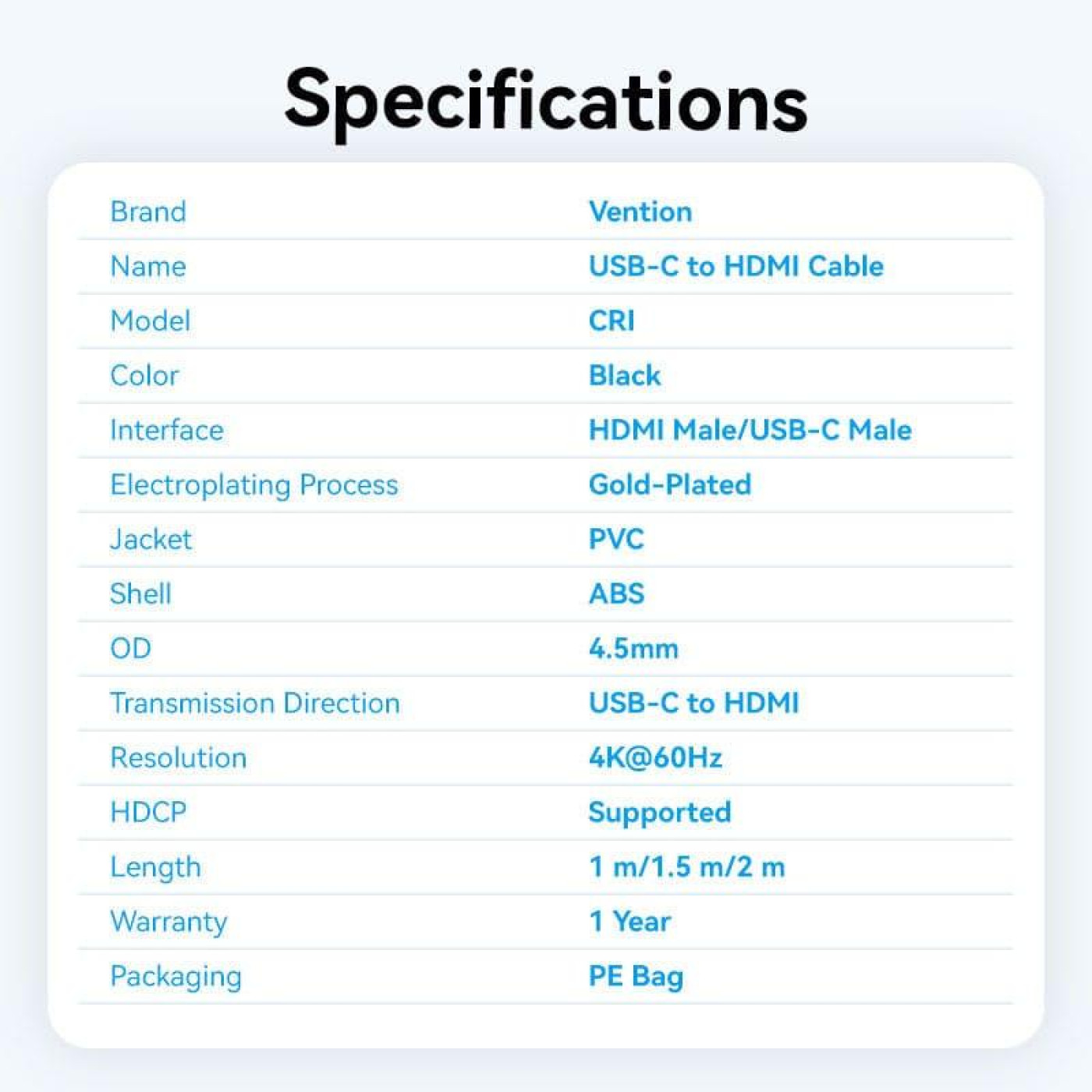 Кабель Vention USB Type C-HDMI V 2.0 2 м (CRIBH)