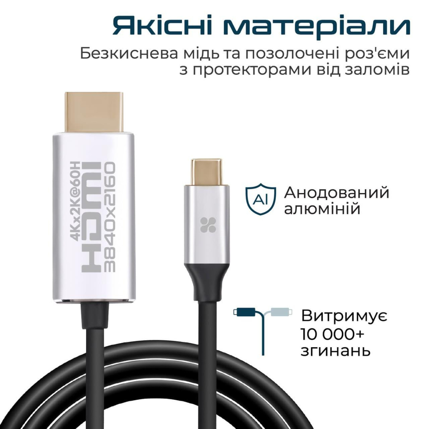 Кабель Promate HDMI-USB Type C V 2.0 2 м (hdlink-60h.grey)