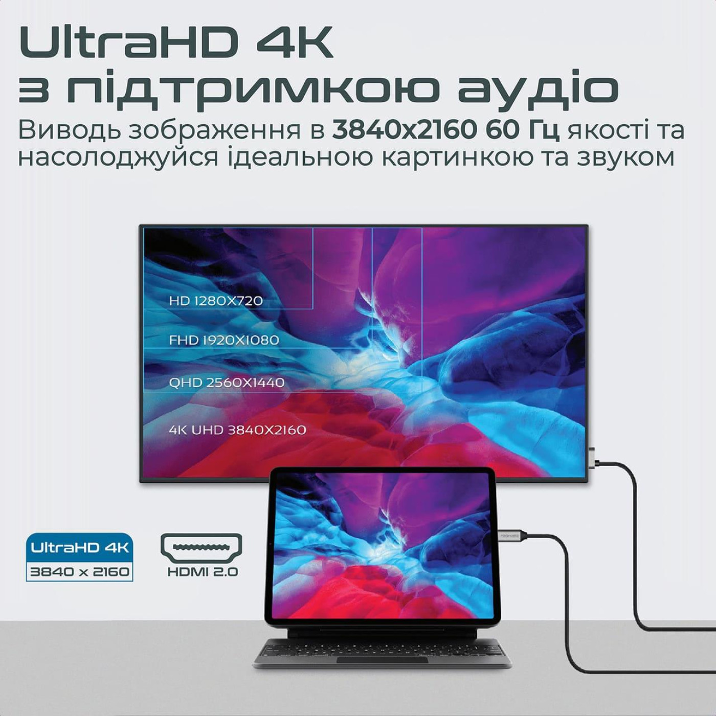 Кабель Promate HDMI-USB Type C V 2.0 1.8 м (hdmi-pd100.grey)
