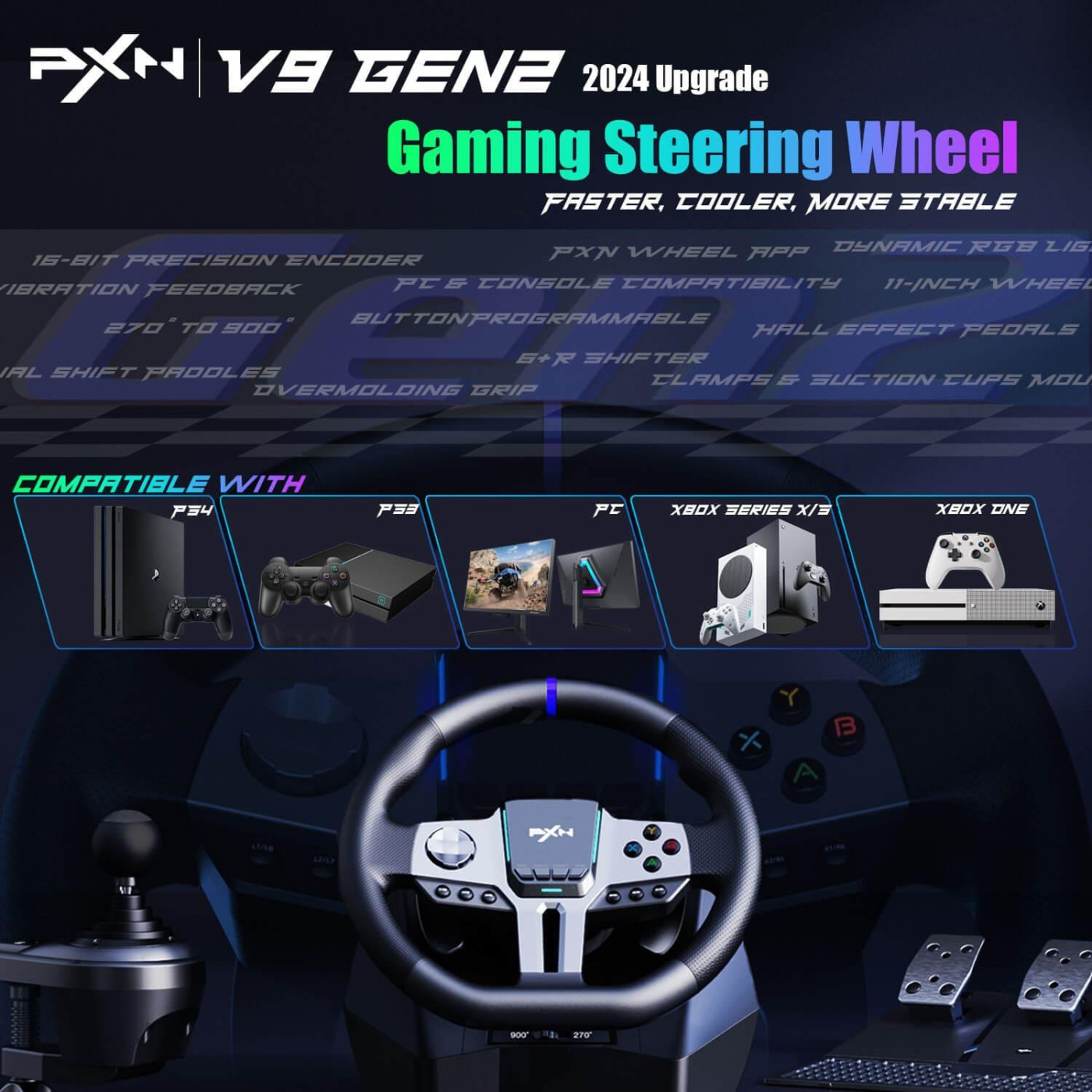 Руль и педали с коробкой передач PXN V9 GEN2 Bundle for PS4/XBOX/Xbox Series X|S/PC