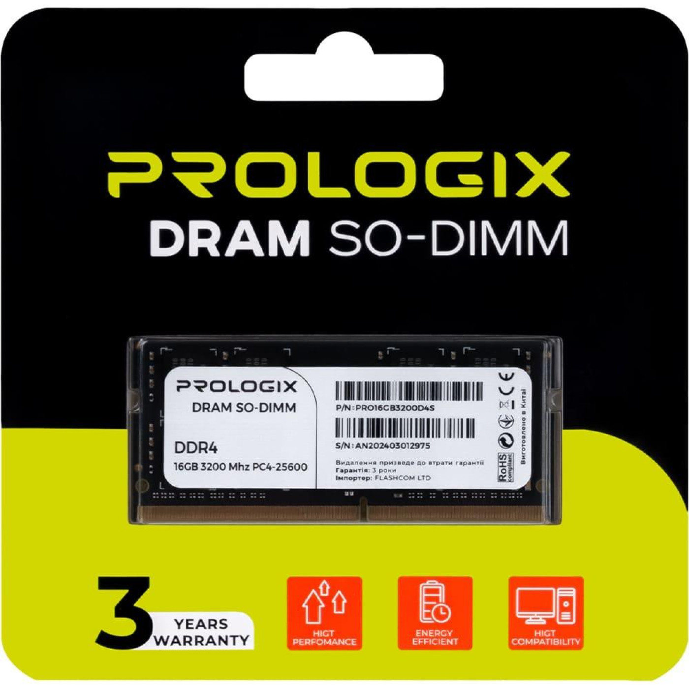 Модуль пам'яті ProLogix DDR4 16GB SO-DIMM 3200MHz (PRO16GB3200D4S)
