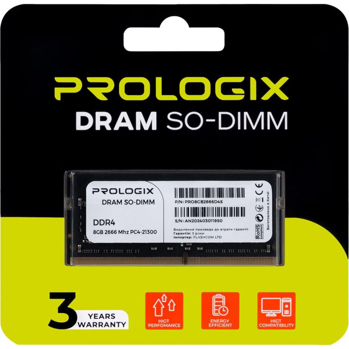 Модуль памяти ProLogix DDR4 8GB SO-DIMM 2666MHz (PRO8GB2666D4S) U1