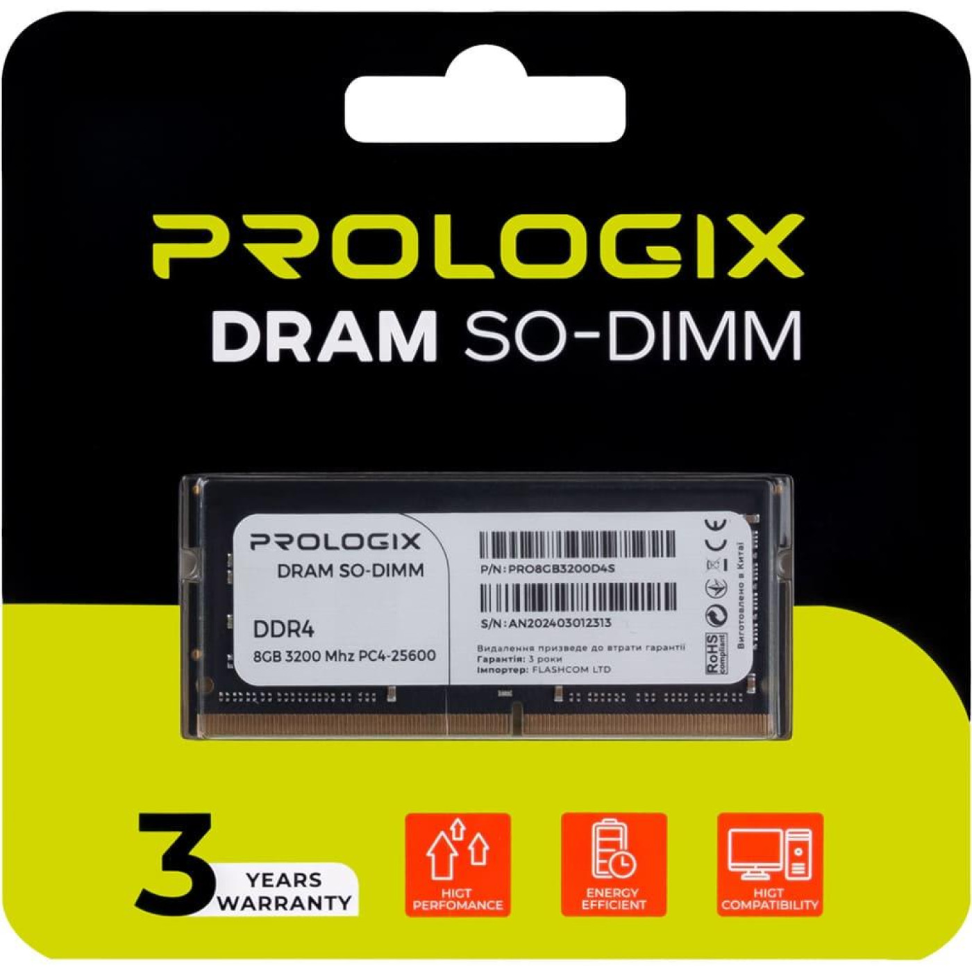 Модуль памяти ProLogix DDR4 8GB SO-DIMM 3200MHz (PRO8GB3200D4S)