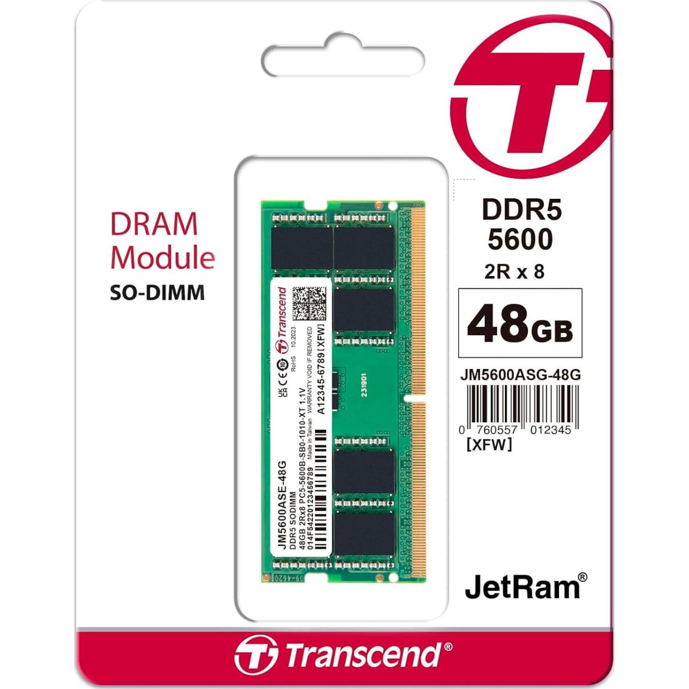 Модуль памяти Transcend DDR5 48GB JM 5600Mhz SO-DIMM 2Rx8 3Gx8 CL46 1.1V (JM5600ASE-48G)