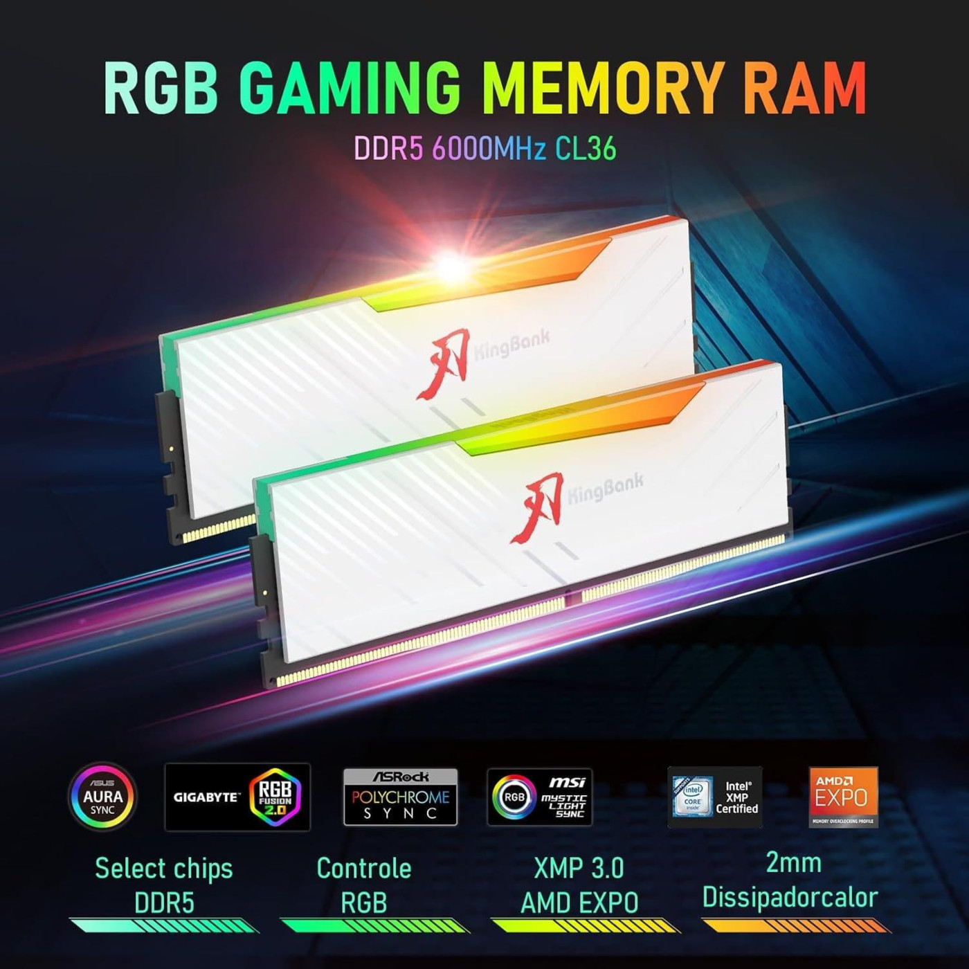 Модуль пам'яті KingBank DDR5 48Gb (2x24) 6000 MHz SharpBlade RGB White (KBSBRW640032X2) (KBSBRW600024X2) Б/в