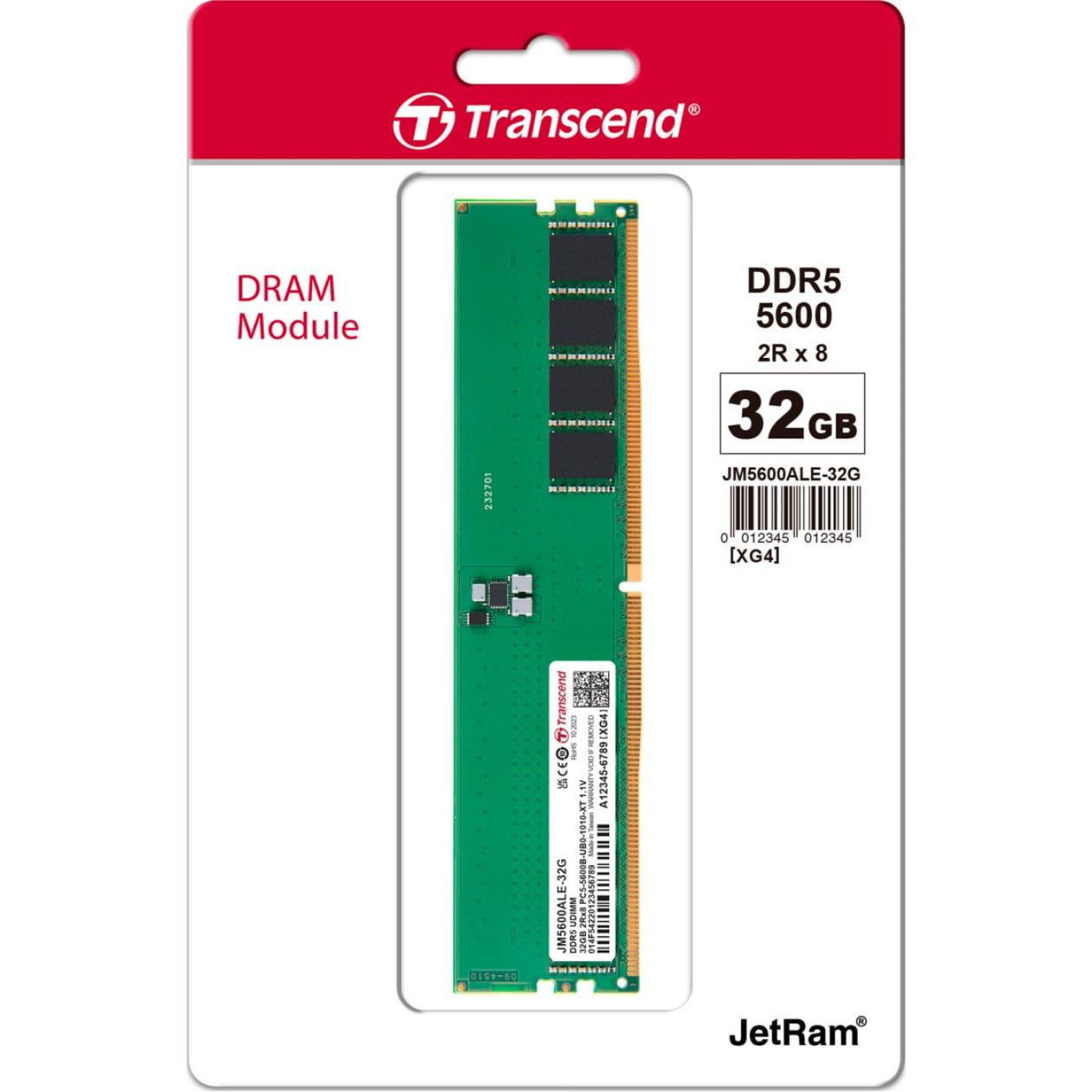 Модуль пам'яті Transcend DDR5 32GB 5600MHz JetRam U-DIMM 2Rx8 (JM5600ALE-32G)