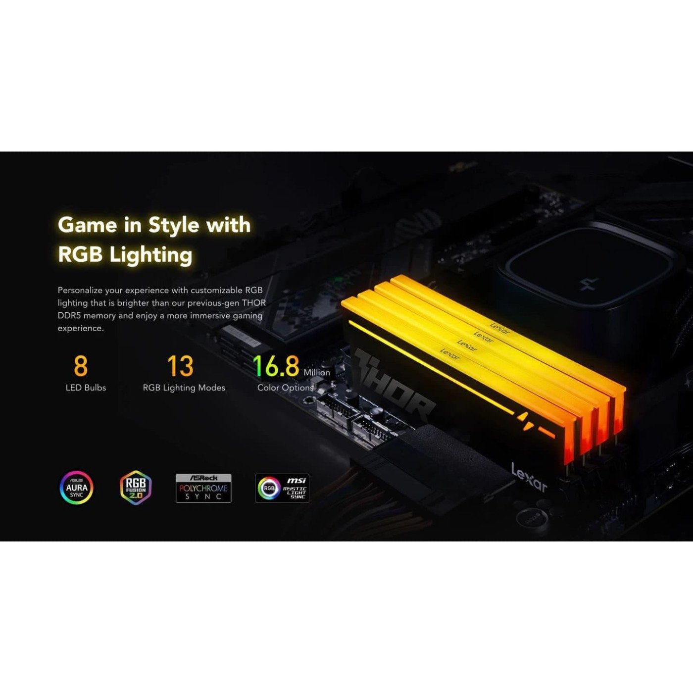 Модуль пам'яті Lexar DDR5 16GB THOR 2.0 6000Mhz CL36 RGB (LD5U16G60C36BV-RGS)