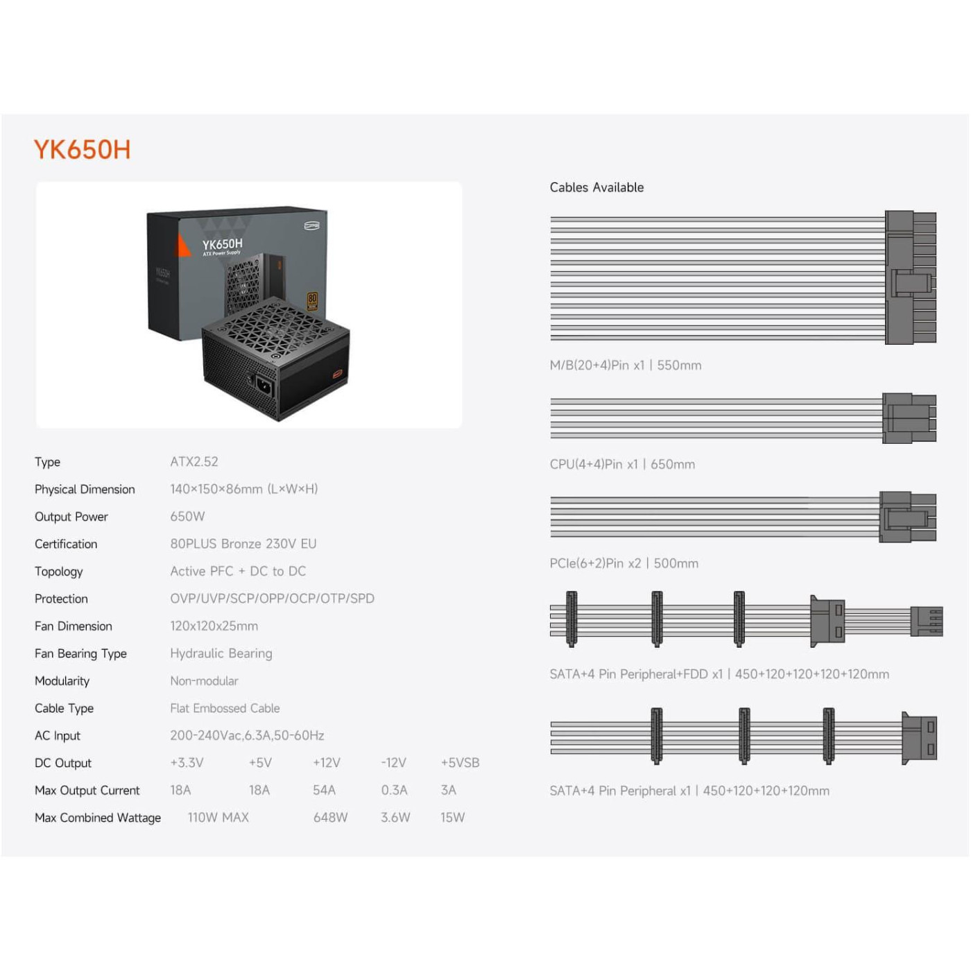 Блок питания PcCooler YK650H 650W 80+Bronze 80+ Bronze (P3-YK650H-B1HWBK1-EU)