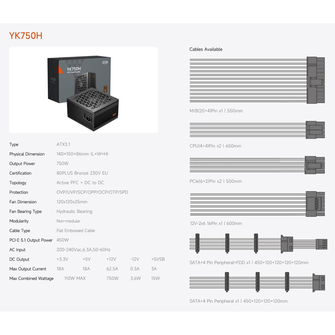 Блок живлення PcCooler YK750H 750W ATX 3.1 80+Bronze 80+ Bronze (P3-YK750H-B1HWBK1-EU)