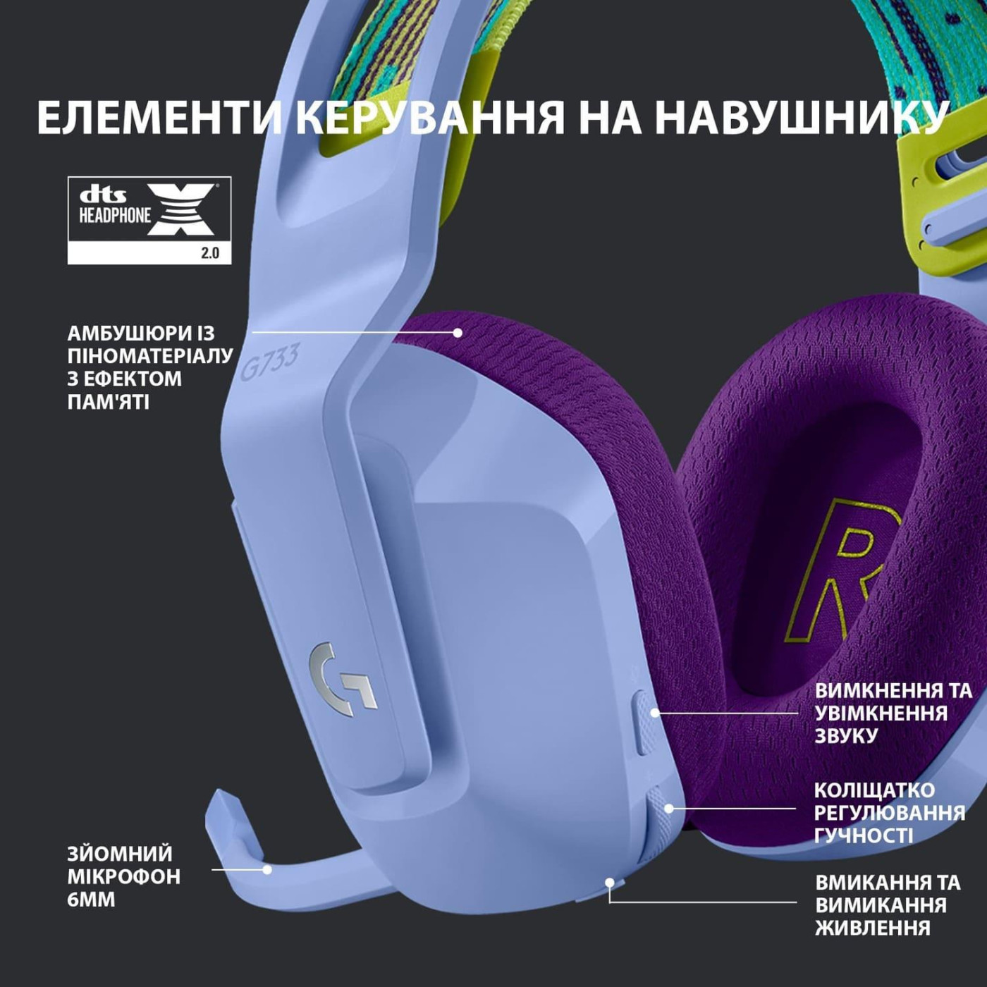 Бездротова гарнітура Logitech G733 Lightspeed Wireless RGB Liliac (981-000890)