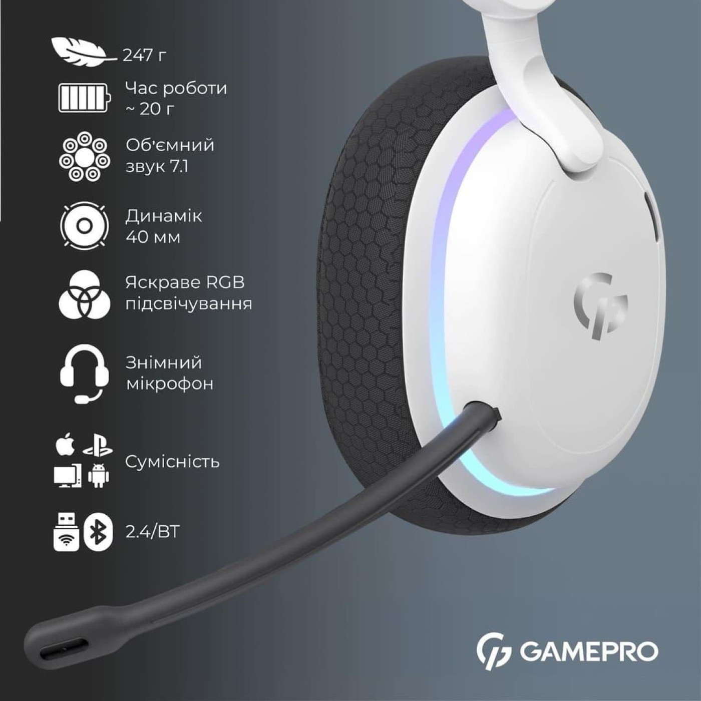 Ігрова гарнітура GamePro Asgard Bragi White (HSW250W)