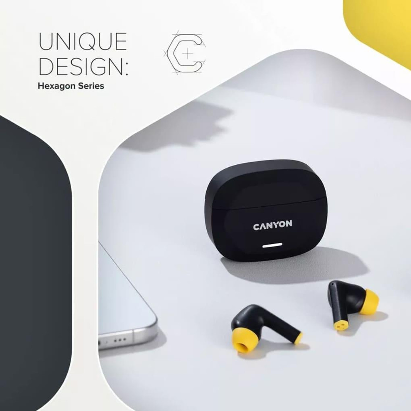 Навушники Canyon TWS HEXAGON 7 TWS ANC+ENC Wireless Charge Black Yellow (CNS-TWS7BY)