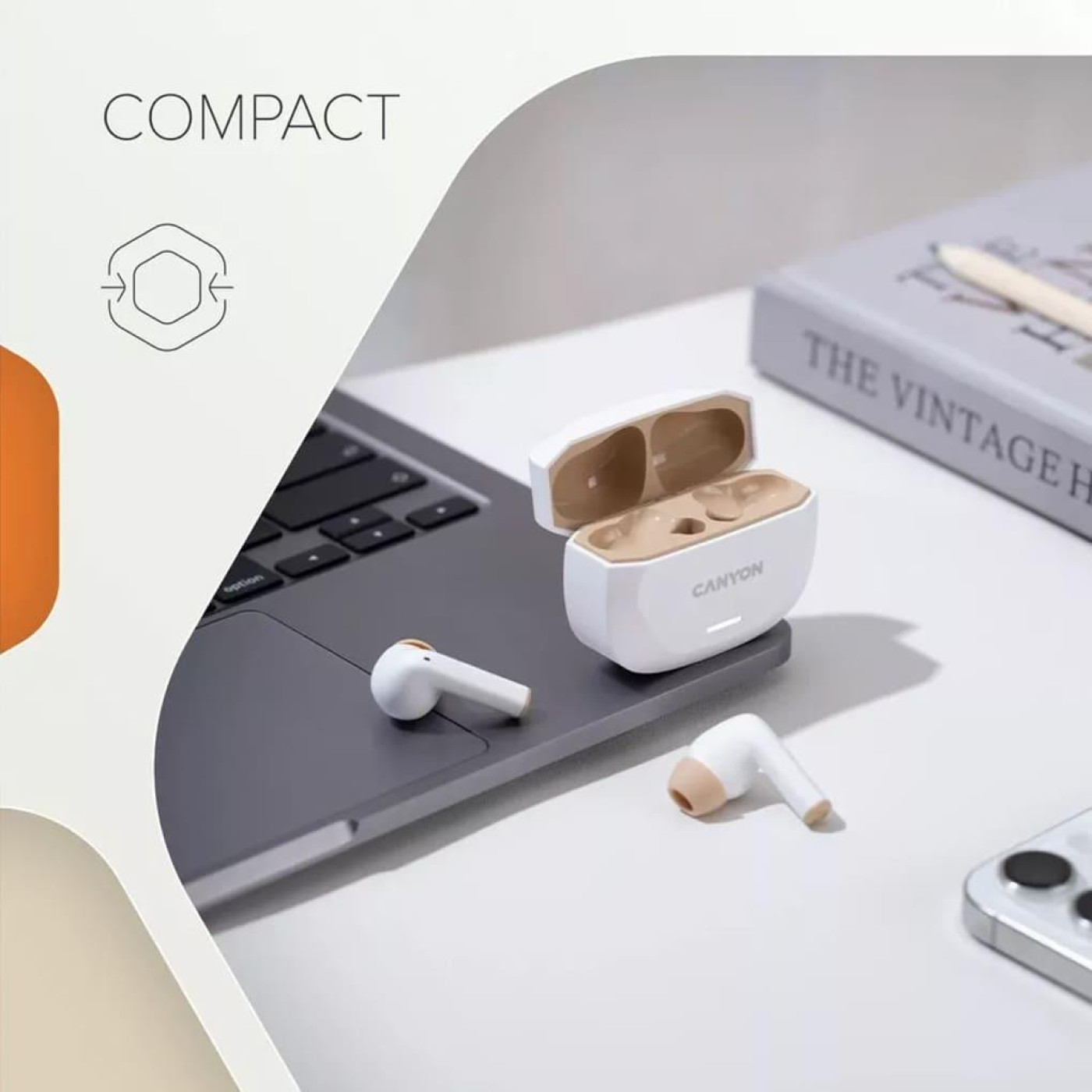 Навушники Canyon TWS HEXAGON 7 TWS ANC+ENC Wireless Charge White Beige (CNS-TWS7WB)