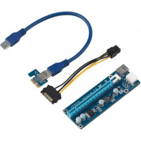 Riser PCI-EX, x1=>x16, 6-pin, SATA=>6Pin, USB 3.0 AM-AM 0,6 м (синий) , конденсаторы F51F, Пакет