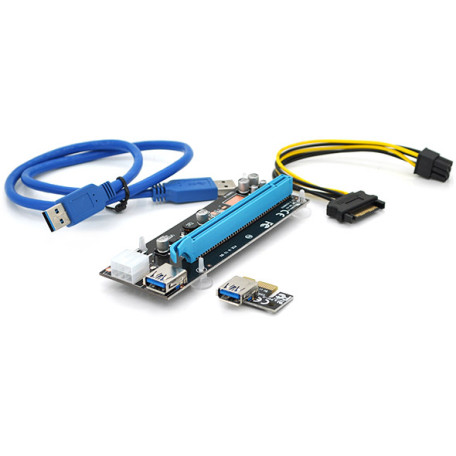 Riser PCI-EX, x1=>x16, 6-pin, SATA=>6Pin, USB 3.0 AM-AM 0,6 м (черный), конденсаторы CS 220 16V, Пакет