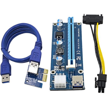 Riser PCI-EX, x1=>x16, 6-pin, SATA=>6Pin, USB 3.0 AM-AM 0,6 м (синий) , конденсаторы CS 220 16V, Пакет