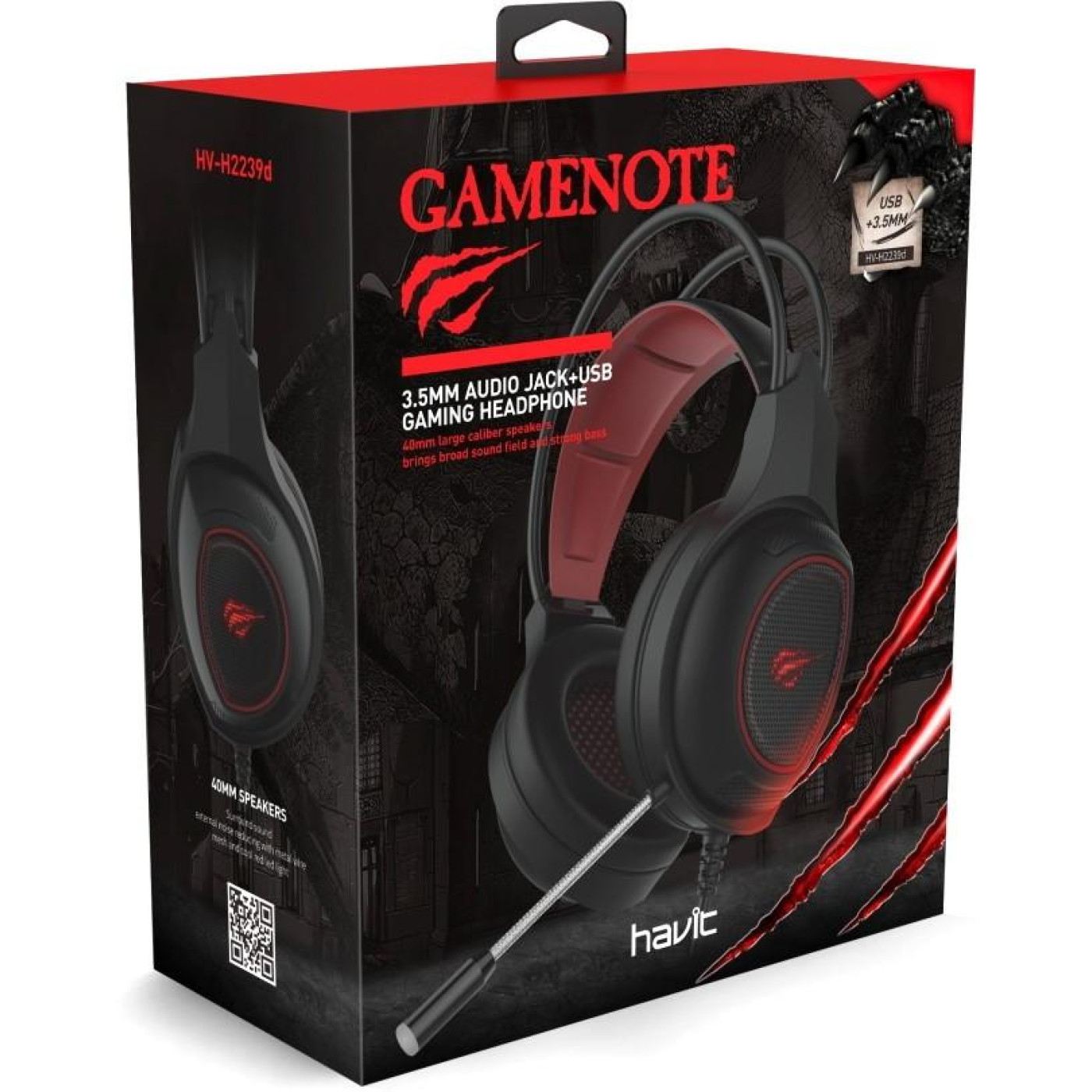 Навушники Havit HV-H2239d Black/Red, mini jack 3,5 mm/USB, 21 Ом, кабель 2м, подсветка (6950676254754)
